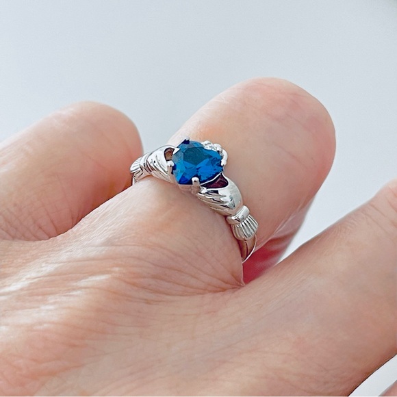 Sterling Silver Claddagh Blue Sapphire CZ Ring, September Birthstone - Picture 3 of 13